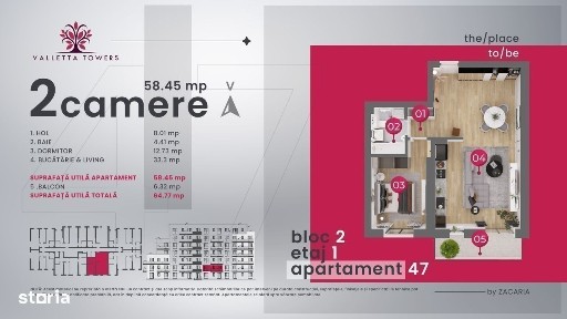 Apartament 2 camere/etaj 2/ 65mp utili / Valletta Towers / Craiova