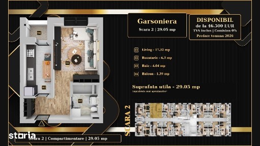 Ideal investitie: Garsoniera 31,13mp, 49.900€, TVA inclus