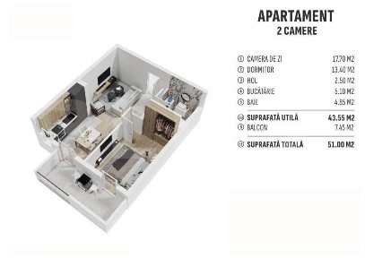 Apartament de 2 camere finisat, 44 mp, terasa, cartier nou rezidential