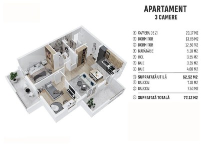 Apartament de 3 camere finisat, 62mp utili, cartier rezidential nou!