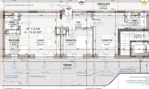Apartament spatios 3 camere, 74 mp, terasa 50mp, zona Eroilor