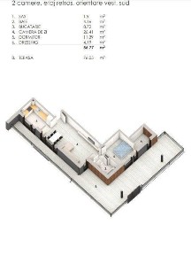 Apartament de 2 camere, 64 mp, terasa 30 mp, parcare, zona Tineretului