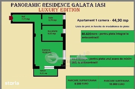 Apartament 1 camera de vanzare in Iasi, Galata, 43,58 mp, bloc nou