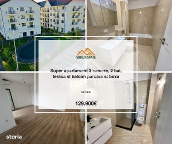 Apartament 3 camere, 2 bai, parcare, boxă, Selimbar