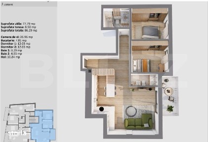 Apartament cu 3 camere, 77,79 mp, cu logie si finisaje premium, ultra