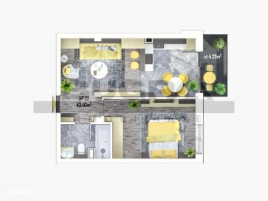 Apartament 2 camere, 44 mp, parcare, semifinisat, Omnia Residence