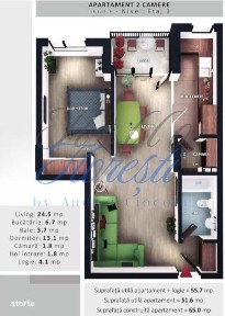 Apartament 2 camere, 45,5mp | Zona Vivo | Floresti |