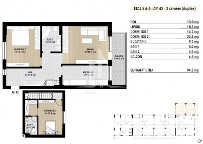 Duplex 3 camere etaj 5 & 6 Grand Arena Dealul Cucului.
