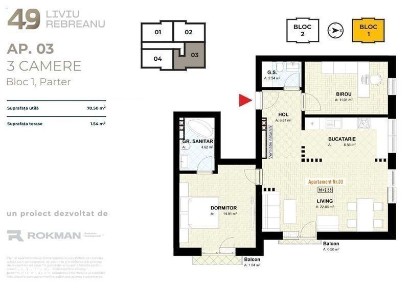 Rokman - Apartament 3 camere 70 mp, Tractorul