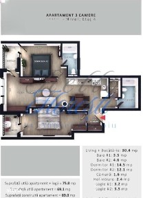 Apartament 3 camere, 74,4 mp | Zona Vivo | Floresti |