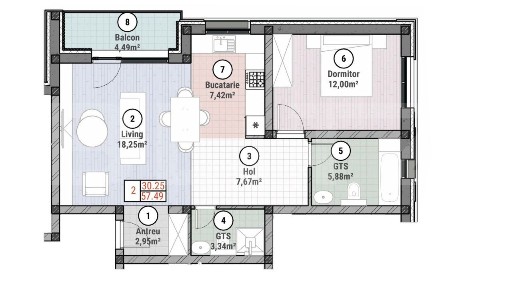 Apartament cu 2 camere 62 mp utili