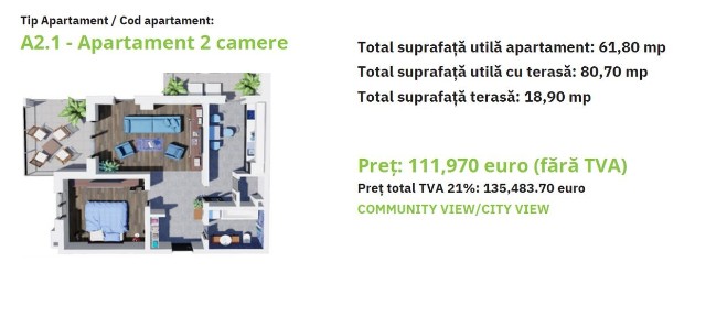 C/1556-1 De vânzare apartament cu 2 camere în Tg Mureș - Tudor