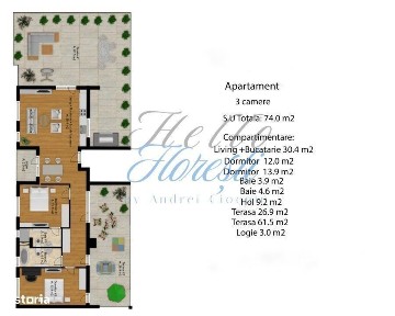 Penthouse 3 camere, 74 mp, terase 88 mp decomandat, Zona Eroilor
