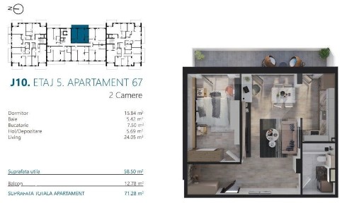 Apartament cu 2 camere, 58 mp, Ansamblu Rezidential, zona RIVUS