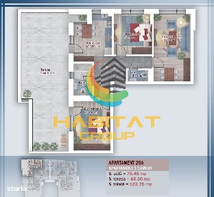 Pallady 3 camere 76 mp + terasa 48 mp bloc tip Boutique