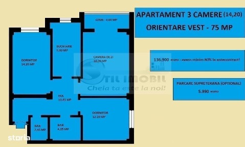 Apartament 3 camere nou de vanzare in Iasi Valea Lupului, decomandat