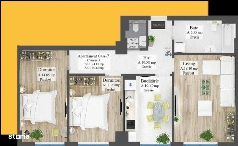 Apartament 3 camere decomandat, 2 bai, bloc NOU Frumoasa - Poitiers