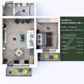 Apartament 2 camere, living cu bucatarie open space, balcon - 50 mp