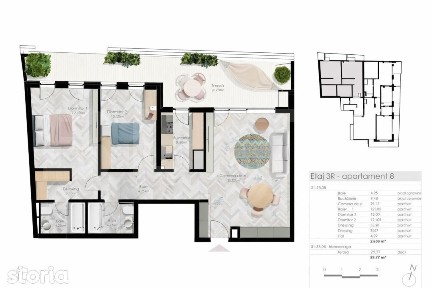 Apartament cu 3 camere, 2 bai, 88 mp, terasa 30 mp, Parcul Central