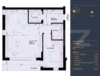 Apartament cu 2 camere, 2 bai, Smart Home, 64.5 mp - Complex Rezidenti