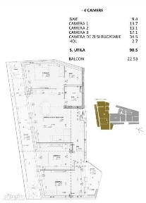 Apartament 4 camere 2 Bai 91 mp Terasa 23 mp FINISAT LUX zona Centrala