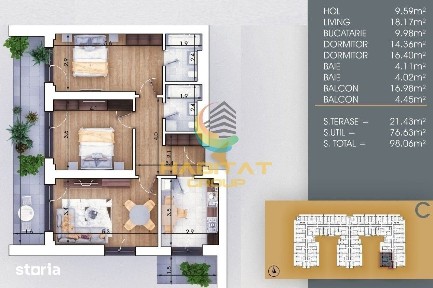 Pallady 3 camere decomandat 98 mp la 8 minute metrou N.Teclu
