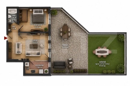 Apartament 2 camere, terasa spectaculoasa 75 mp, CF, Zona Vivo