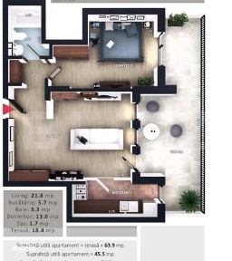 Apartament 2 camere, terasa spectaculoasa 75 mp, CF, Zona Vivo