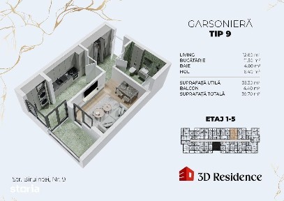 Garsoniera decomandata, bucatarie mare, balcon sticla