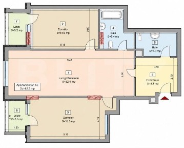 Apartament 3 camere, 82.30 mp, 2 bai, 2 balcone, CF, parcare, boxa, Zo
