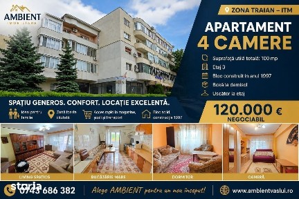 Apartament cu 4 camere, SC -133 mp, etaj 3, VASLUI - zona TRAIAN - ITM