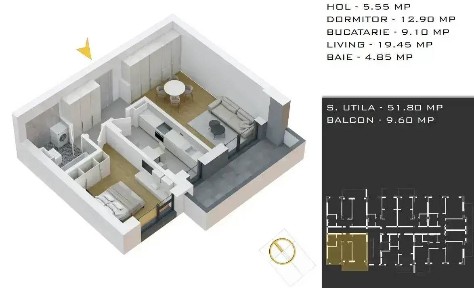 2 Camere + parcare | Încălzire în Pardoseală | Imobil P+3 Pallady