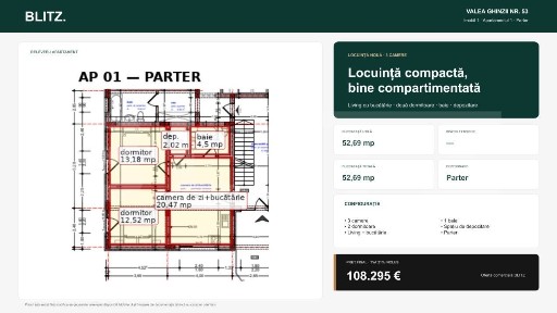 Apartament cu 3 camere, 52,69 mp, la parter