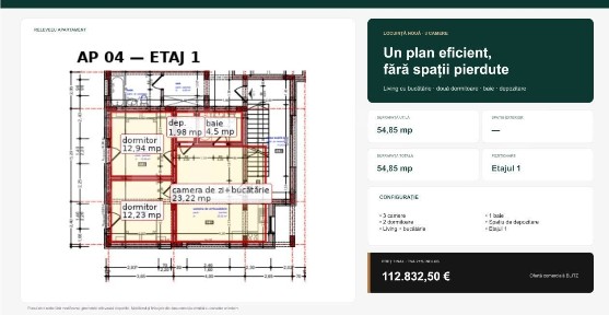 Apartament eficient compartimentat, 3 camere, etajul 1