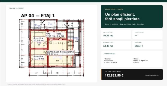 Apartament eficient compartimentat, 3 camere, etajul 1