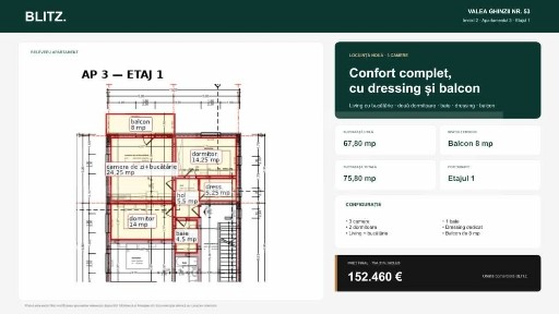 Apartament cu 3 camere, dressing si balcon, etajul 1