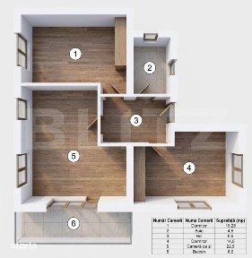 Apartament cu 3 camere si balcon de 8 mp, etajul 1