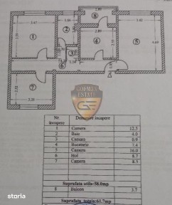 Apartament 3 camere, Inel 1, 62mp, et 3, gaze, decomandat, balcon