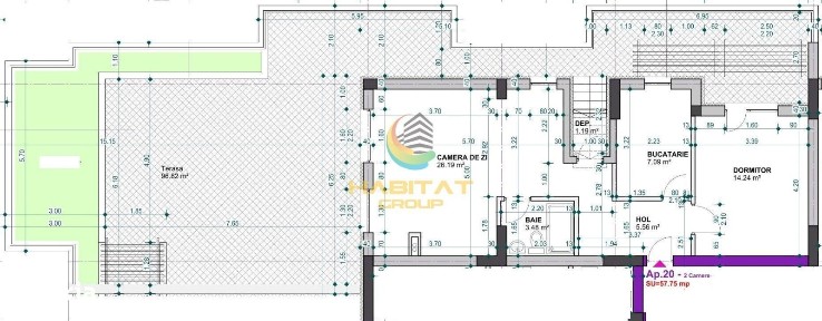 Pallady 2 camere 58 mp + terasa 180 mp 12 min. metrou Teclu