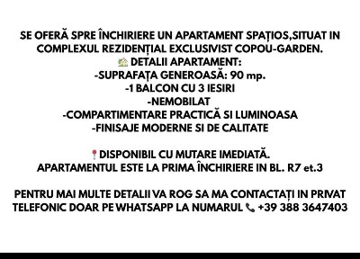 Apartament 3 camere, Iasi spre chirie Copou