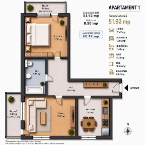 Apartament 2 camere 60 mp | Bloc Nou 2026 | Încălzire în pardoseală”