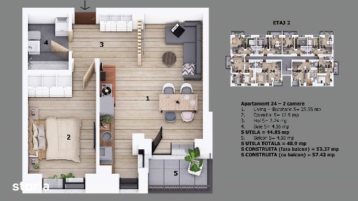 Apartament 2 camere, balcon și terasă, 44mp