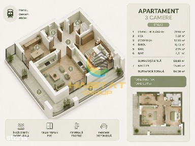 Vânzare Apartament 3 camere | Terasa 25 mp | Popești Leordeni | Metrou