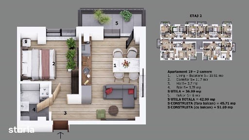 Apartament 2 camere Strada Ion Creanga cu balcon AC si parcare privata
