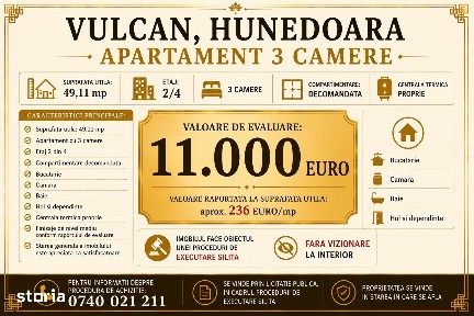 Vulcan - Apartament 3 camere 49 mp, Et. 2/4 | Zona Centrala