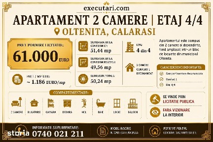 Apartament - 2 camere 50 mp - Et. 4|4, Oltenita