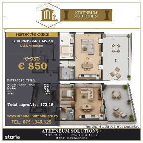 Penthouse Visoianu, 2 Dormitoare, Living si bucatarie open-space