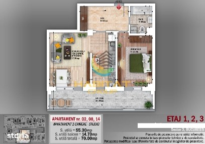 N. Grigorescu 2 camere semidecomandat 55 mp + terasa 15 mp