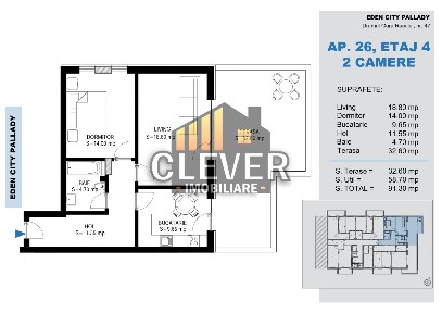 Penthouse 2 Camere | 91,3 mp, Terasă 32,6 mp | Theodor Pallady