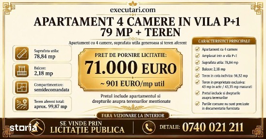 Tulcea - Zona Tribunal | Apartament 4 camere in vila, 79 mp + teren